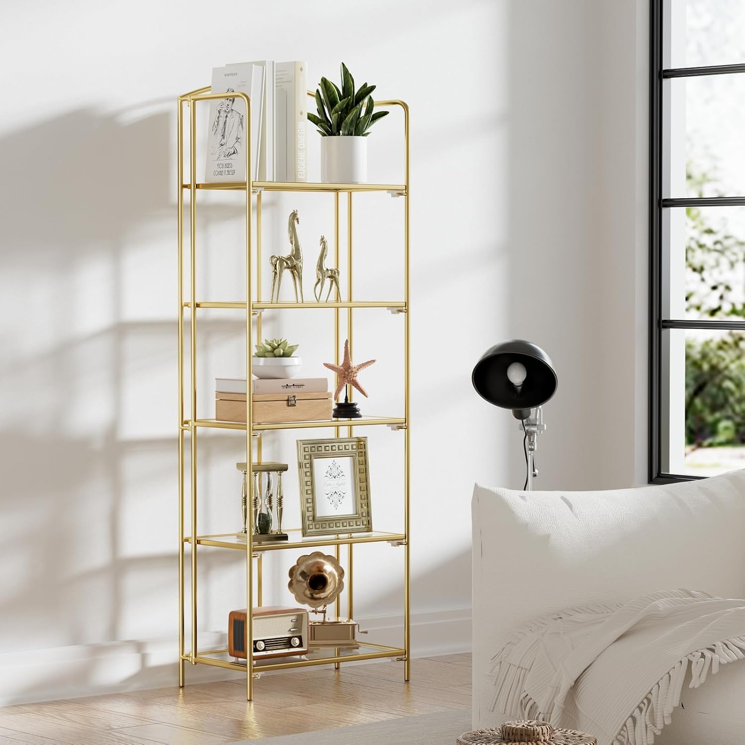 Home Office With Bookshelves - 5段折りたたみ式本棚、ゴールドメタルフレームと透明棚付き、組み立て不要の折りたたみ式ポータブル収納オーガナイザー、リビングルームやホームオフィス用