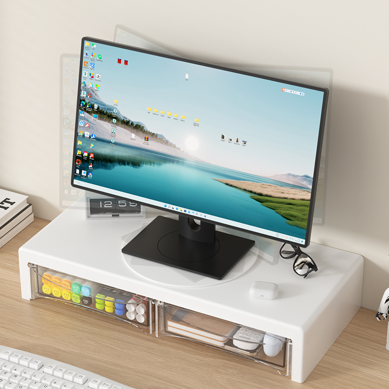 Monitor Riser Stand - 2段モニタースタンド、引き出し付きプラスチック製モニターライザー、デスクトップ収納ラック、家庭およびオフィスでの使用に適しています