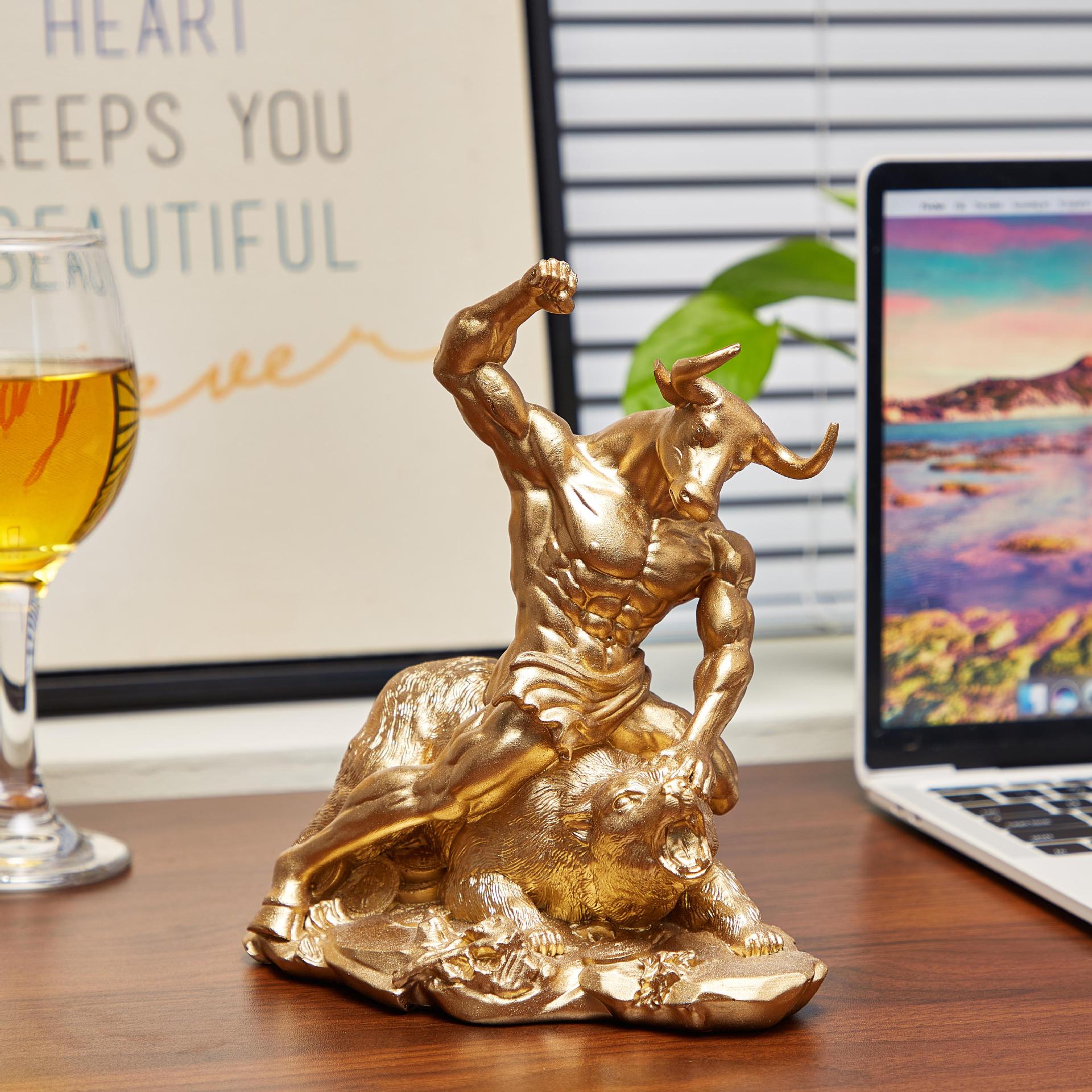 Home Office With Bookshelves - 樹脂製動物オーナメント雄牛と熊の戦いの像クリエイティブ彫刻ホームオフィス本棚テーブルデコレーション家の装飾アクセサリー