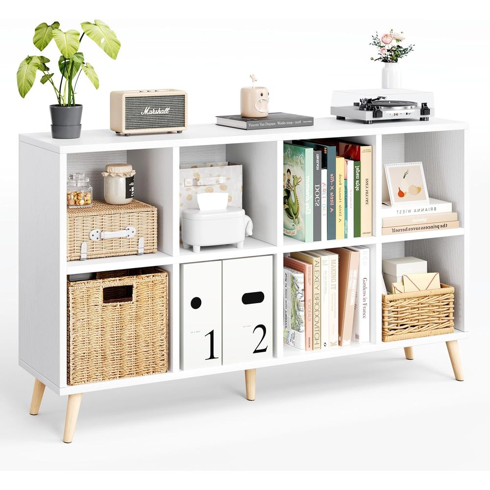 Home Office With Bookshelves - 2段木製本棚 脚付き、11棚開口部、高さ47、ホームオフィス用収納オーガナイザー、ホワイト