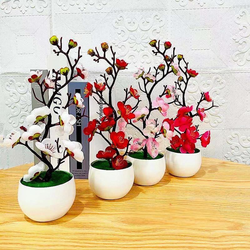 Home Office Word - シミュレーション梅の花鉢植え人工プラスチック造花ホームオフィスデスクトップ装飾品結婚式パーティー背景装飾