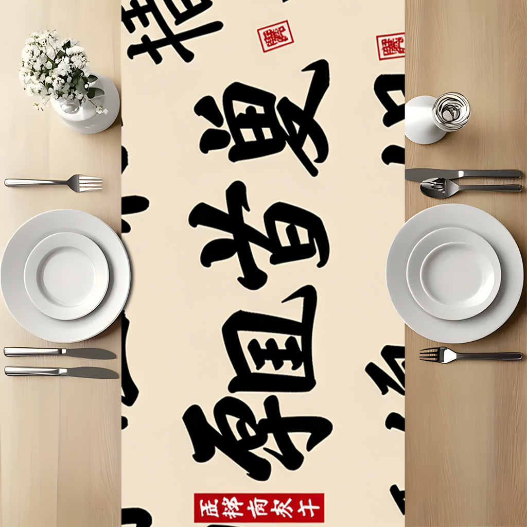 Home Office News - 1pc 中国書道アートテーブルランナーお祝い装飾布家庭用キッチンダイニングオフィスリビングルームホリデーパーティー装飾