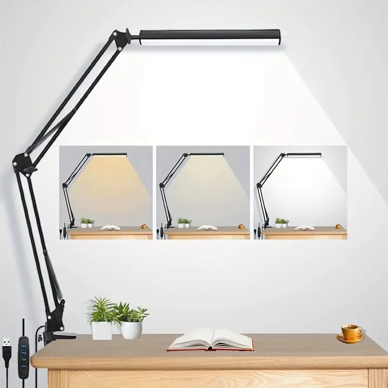 Office Table Home - LEDデスクランプ 家庭用、読書用、勉強用、調節可能な目に優しいデスクライト クランプ付き、3色モード、10段階の明るさ調整可能 テーブルライト オフィス用