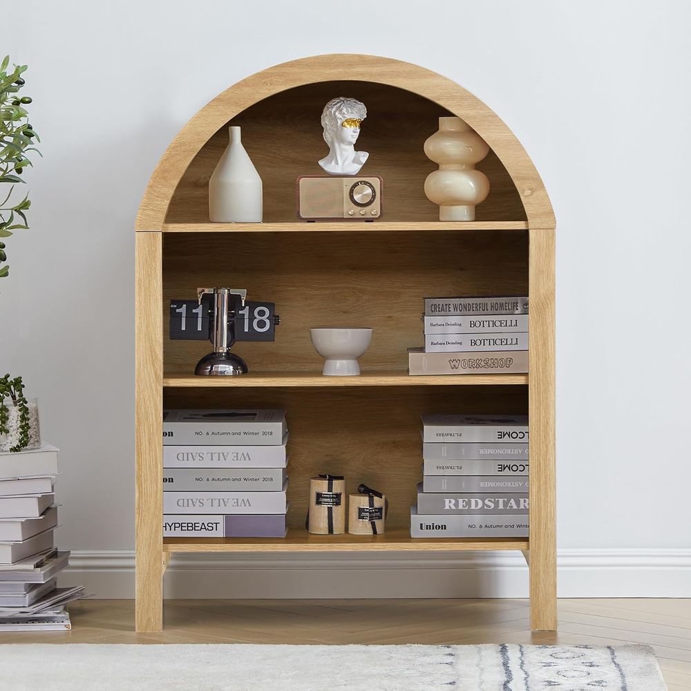 Home Office With Bookshelves - 自立式3段アーチ型本棚、調節可能な棚板付き、家庭およびオフィス用