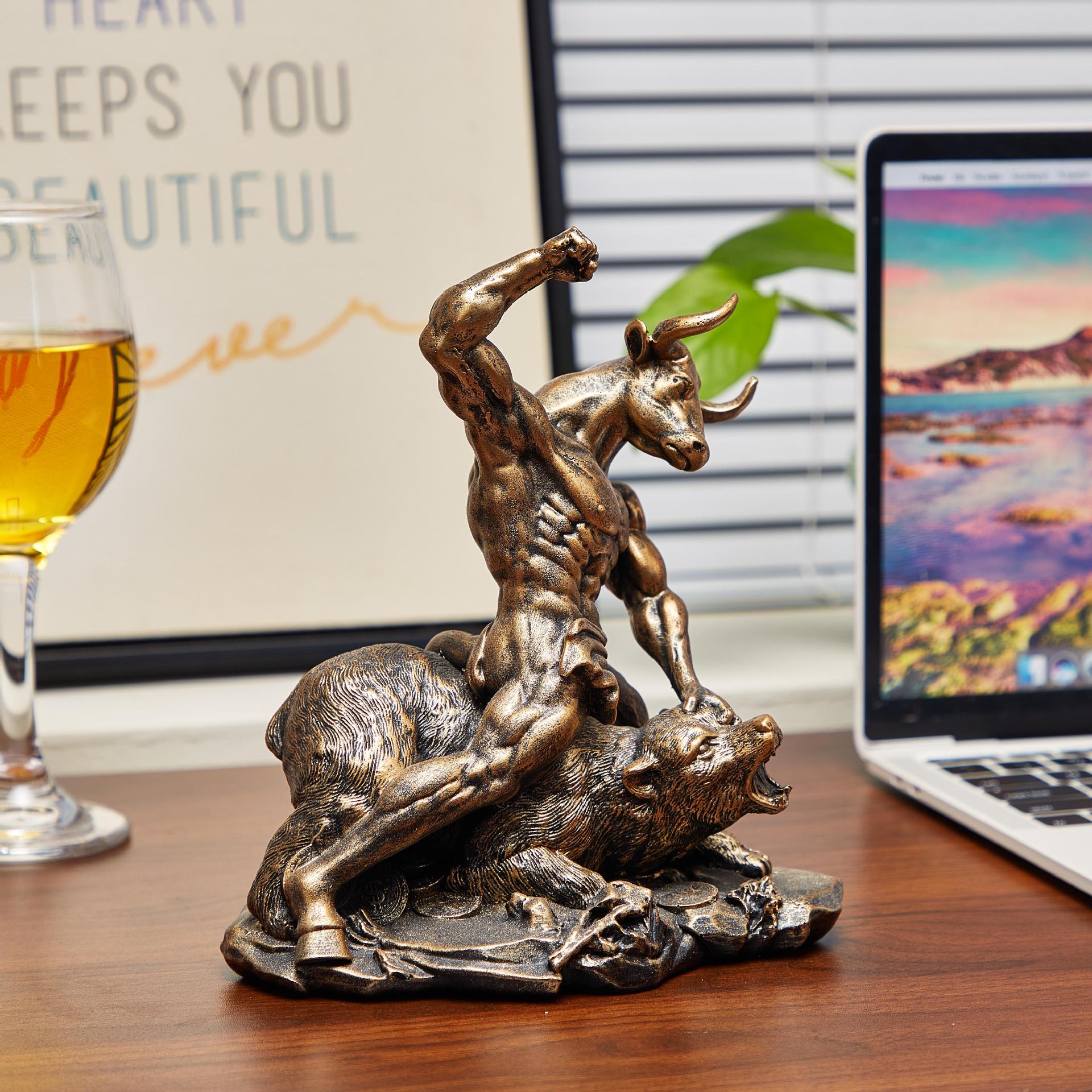 樹脂製動物オーナメント雄牛と熊の戦いの像クリエイティブ彫刻ホ - Home Office With Bookshelves のレビューと価格