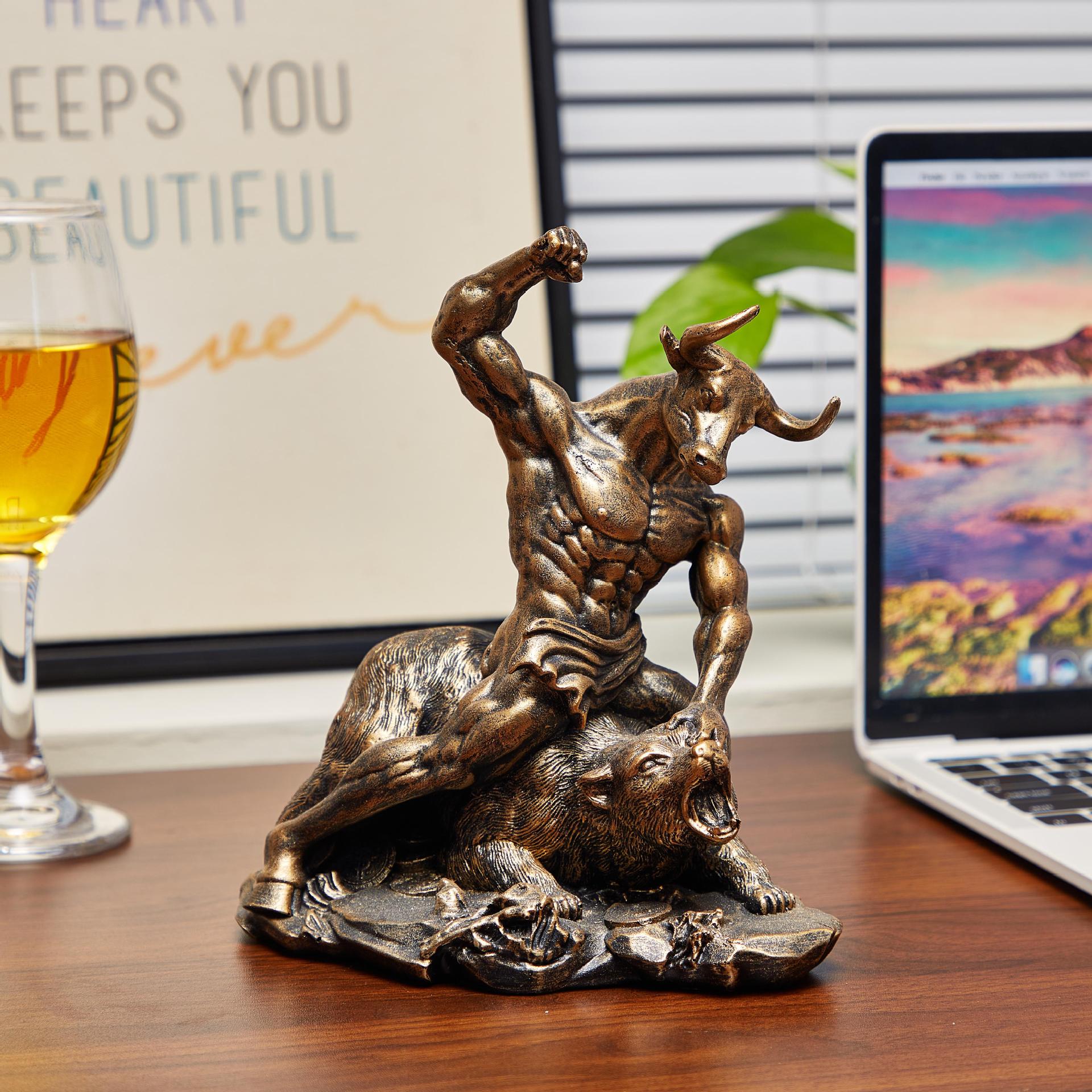 樹脂製動物オーナメント雄牛と熊の戦いの像クリエイティブ彫刻ホ - Home Office With Bookshelves のレビューと価格
