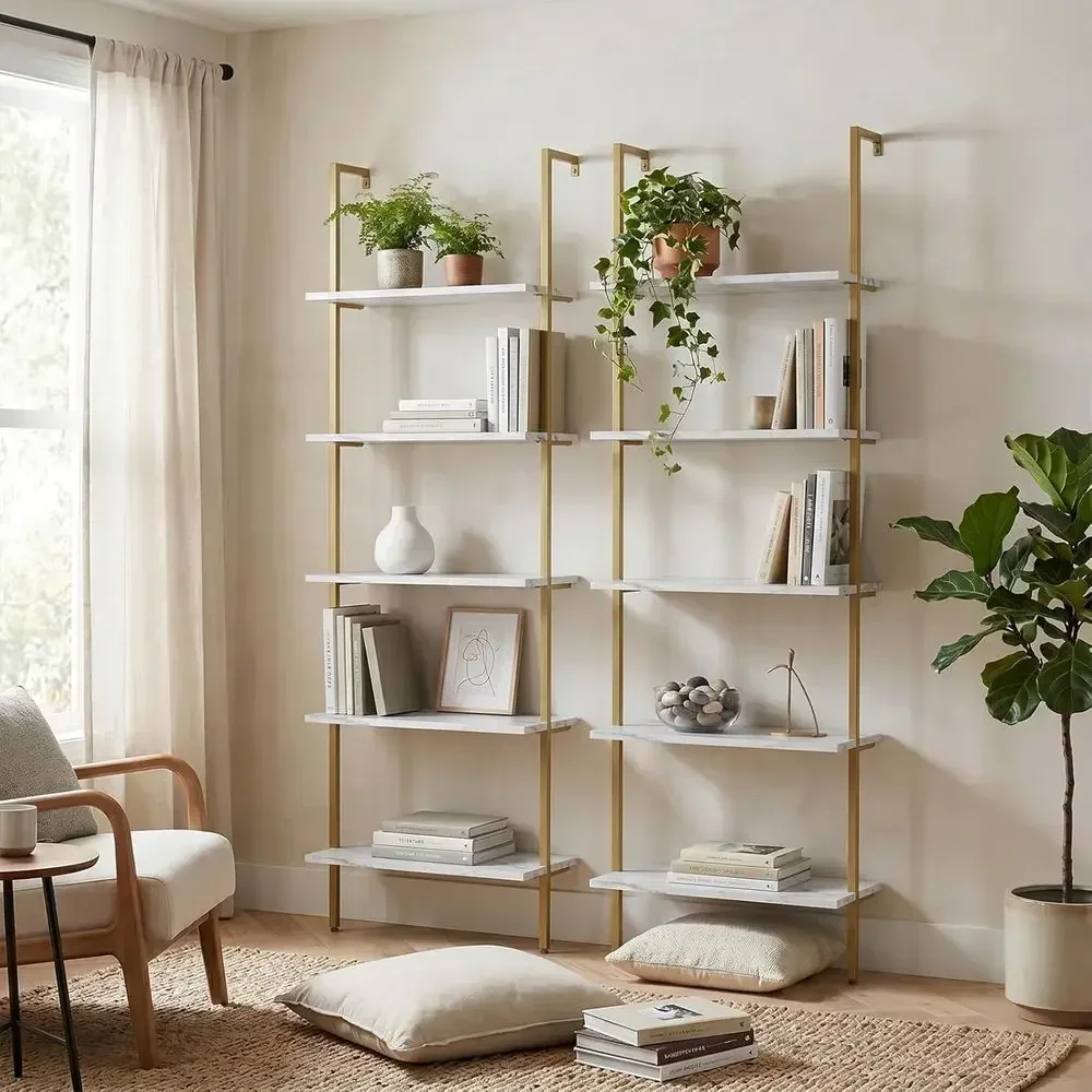 5段式白大理石壁掛け木製ラック - 工業スタイルの本棚（家庭 - Home Office With Bookshelves のレビューと価格