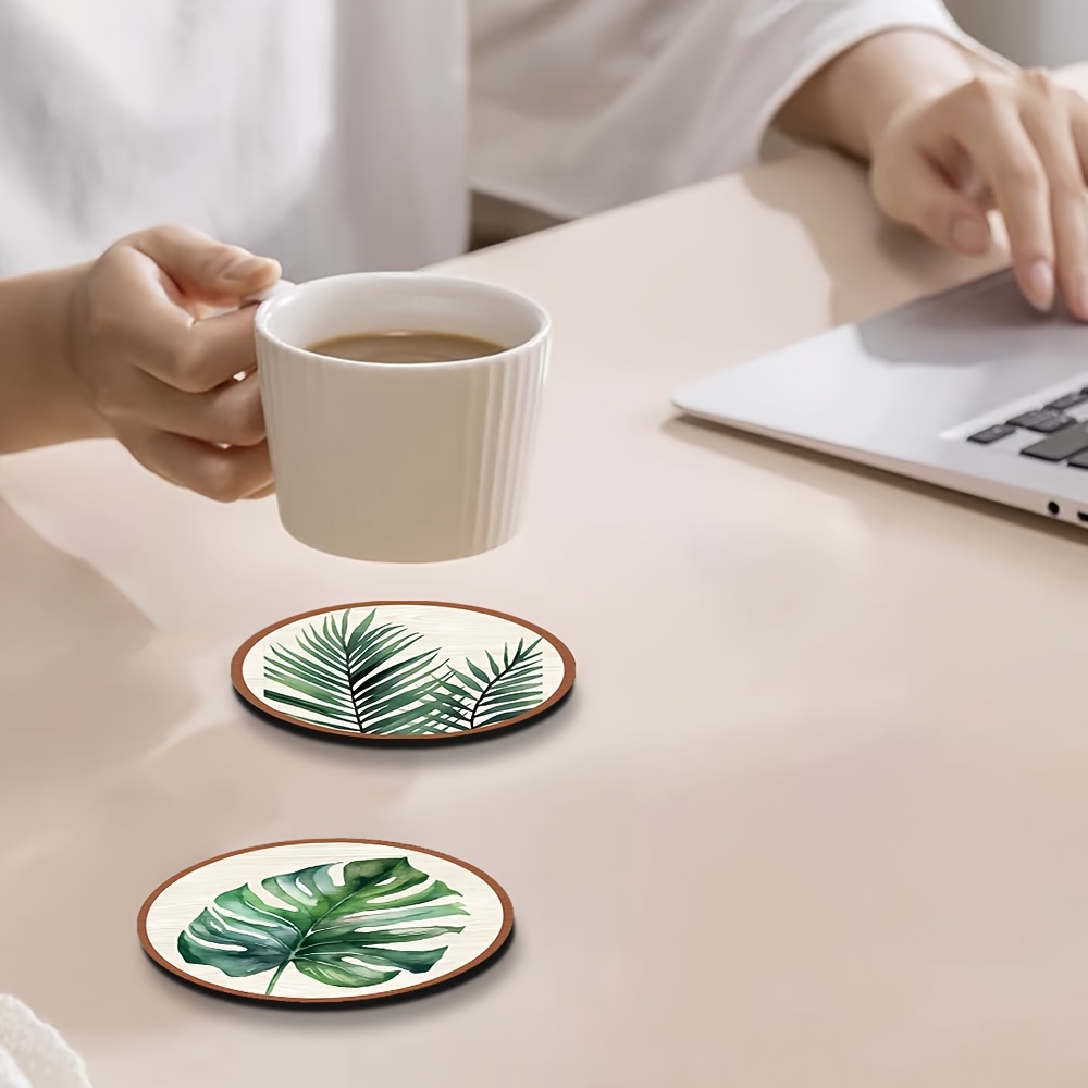 5個の熱帯植物の葉模様の木製コースター、創造的な芸術的な家の - Home Office Word のレビューと価格