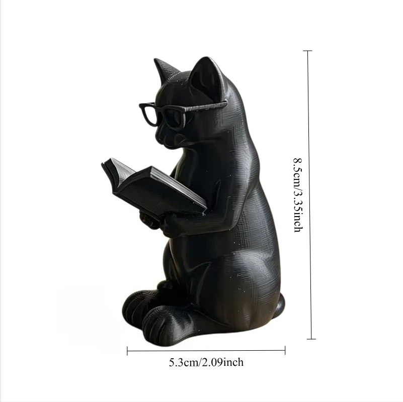 3Dプリントされたメガネをかけた読書猫の置物、本好きのための - Home Office With Bookshelves のレビューと価格