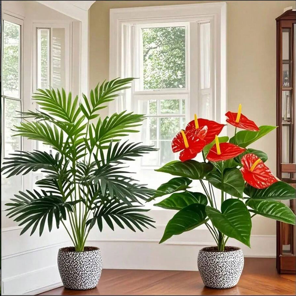 2 セット大型人工ヤシ植物とアンスリウムグリーンサイカス葉プ - Home Office Word のレビューと価格