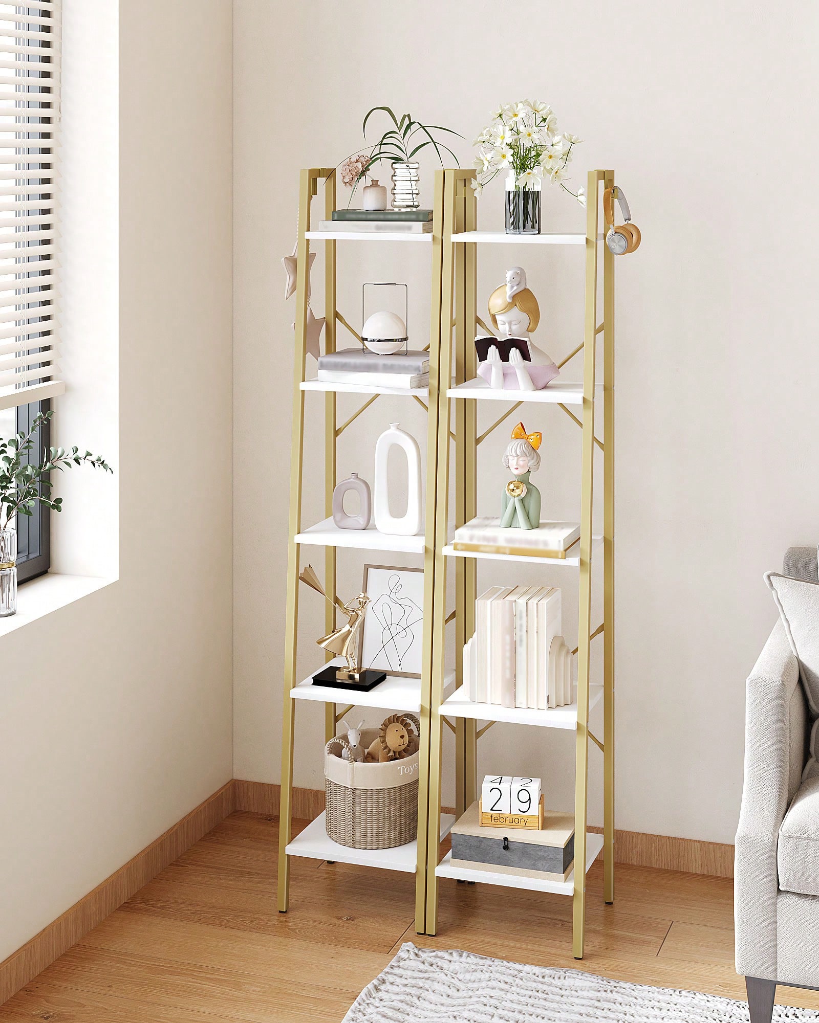 5段ラダーシェルフ モダン グラム ホワイトゴールド ブック - Home Office With Bookshelves のレビューと価格