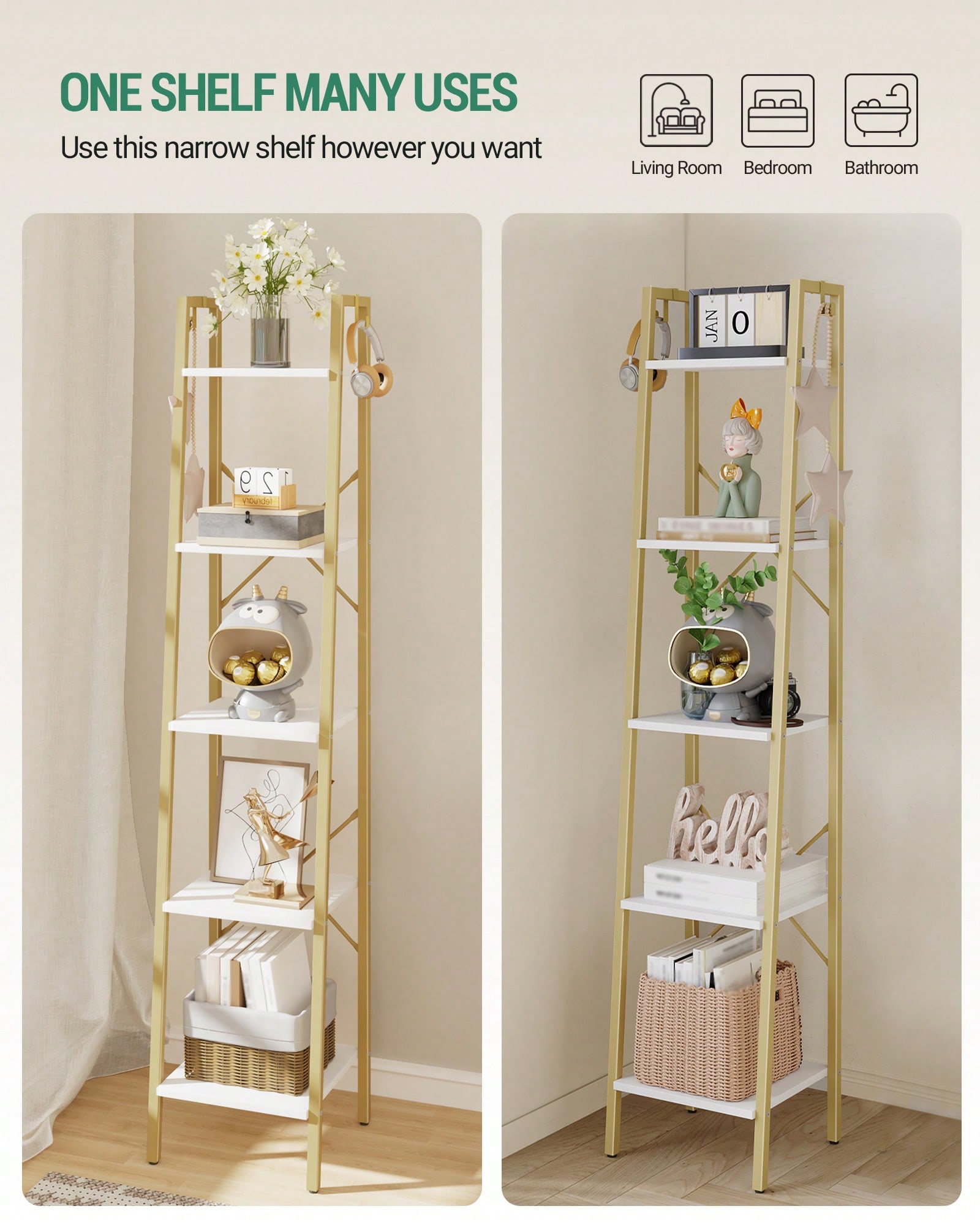 5段ラダーシェルフ モダン グラム ホワイトゴールド ブック - Home Office With Bookshelves のレビューと価格